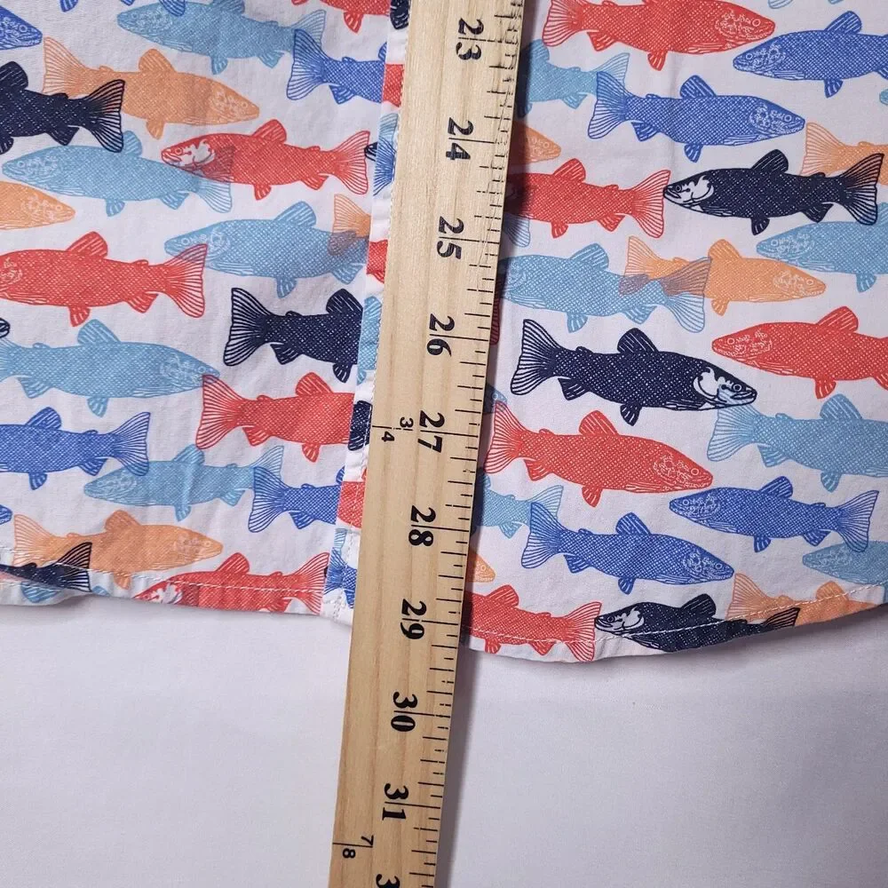 J Crew Shirt Mens Medium Trout Print Colorful Short Sleeve Flex Washed Slim Fit